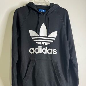 Adidas Mens Drawstring Hoodie Sweatshirt Medium Black White Logo Front Pocket